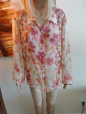 Floral Watercolor Button-Front Blouse - Pink Cream, S- 1L.